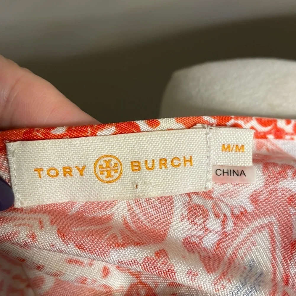 TORY BURCH orange floral stretchy SILK KNIT DRESS. Sleeveless zippered side Med